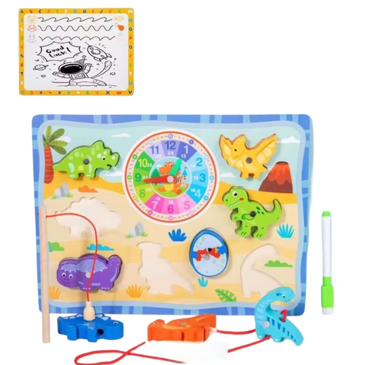 Joc educativ multifunctional din lemn Denn, set puzzle, ceas didactic, joc de pescuit magnetic, tabla de scris, multicolor, 2-6 ani