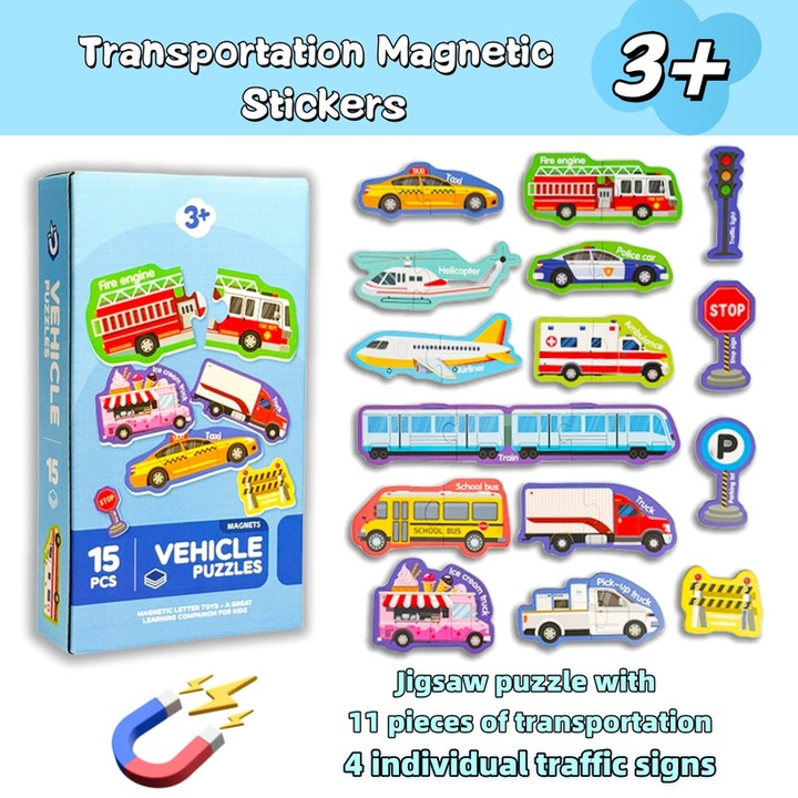 Puzzle magnetic GORMUR pentru copii 3-5 ani, 15 piese, activitate prescolara, avion, set