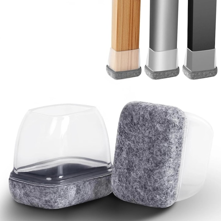Set 8 Protectii picioare scaun, Patrate 23-28mm cu Pasla, Negre, capace transparente anti-zgariere pentru parchet