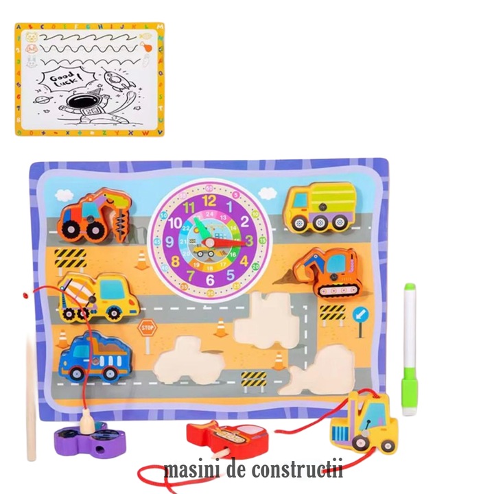 Set jocuri educative din lemn Denn, puzzle, ceas didactic, joc de pescuit magnetic, tabla de scris, multicolor, pentru copii 2-6 ani
