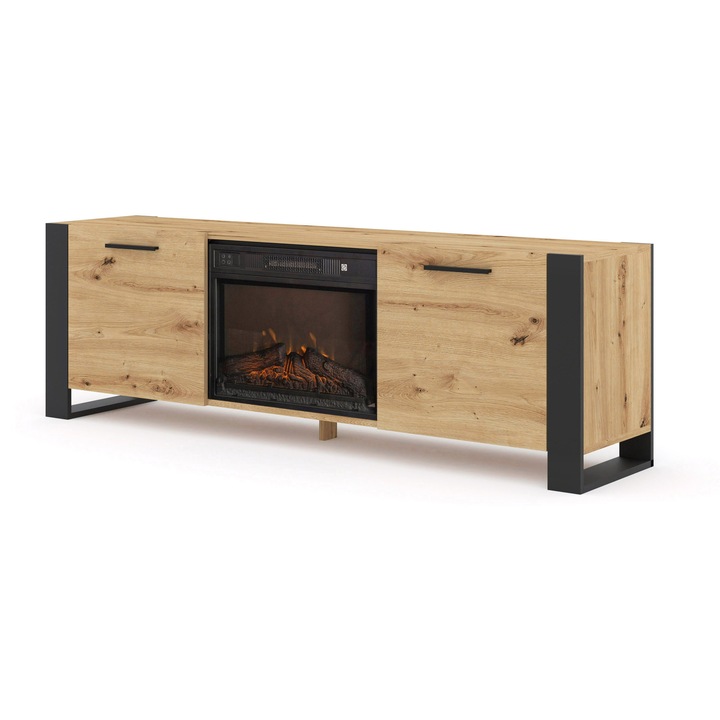 Comoda TV Homlando Nuka 180 cm cu semineu, 2 rafturi, culoare stejar artisan, 58x40x180cm