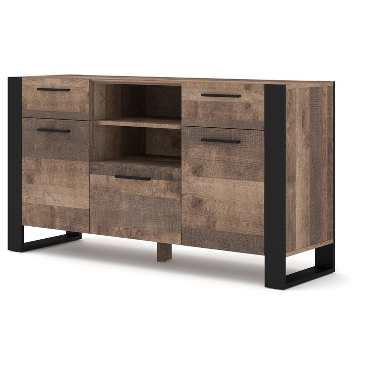 Comoda Homlando NUKA, 155x45x87cm, 3 polite inchise, 2 polite deschise, 2 sertare, stejar grange, picioare negre
