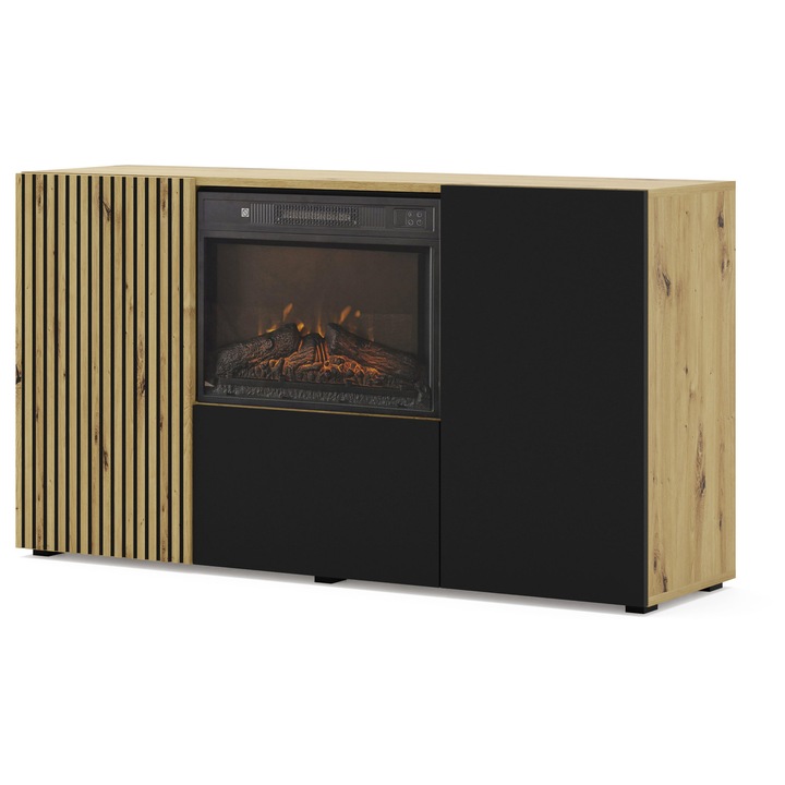 Comoda cu semineu Auris, Homlando, 3 usi, lemn de stejar artisan, negru mat, 148.8x42x56.3cm