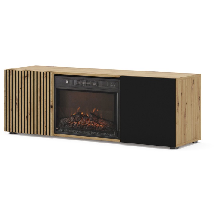 Comoda RTV set Auris 150 cm cu semineu, dab artisan, negru mat, 148,8x42x50,2cm