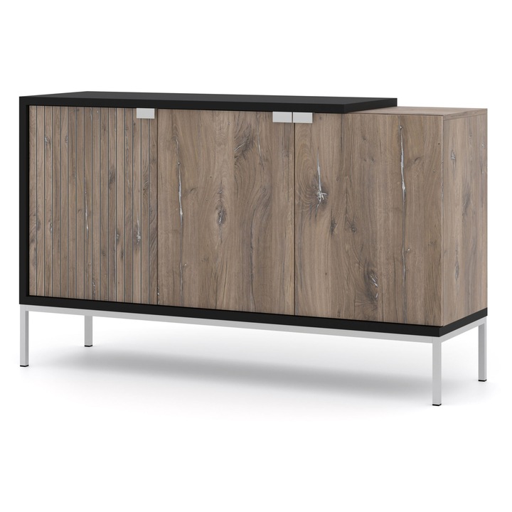 Comoda TOLEDO, 143,7x42x86,6cm, 3 usi, dubla culoare, stejar flagstaff / negru mat, cadru metalic argintiu