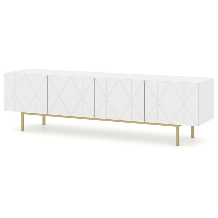 Comoda TV KAIRO 180 cm, 4 usi, frezate, alb mat, cadru metalic auriu