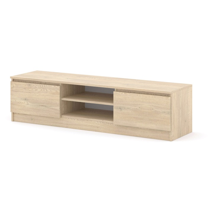 Comoda RTV MAJA, 150 cm, alb mat si stejar cremona, 2 spatii de depozitare, fara manere