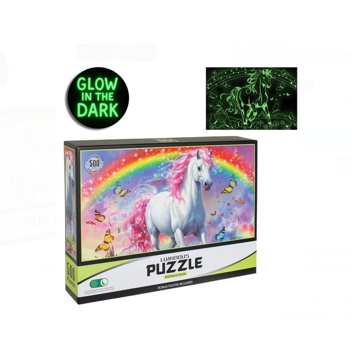 Fluoreszkáló puzzle 500 darabos – Világító unikornis, sötétben világító unikornis kép, 50.8×36 cm