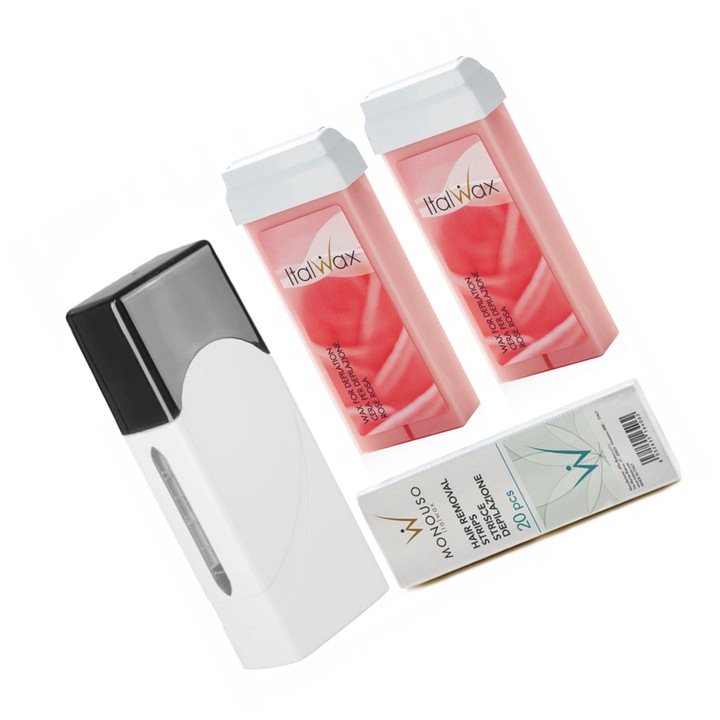 Set epilare profesional ItalWax, incalzitor 40W, 2x ceara trandafir 100ml, 20 benzi bumbac