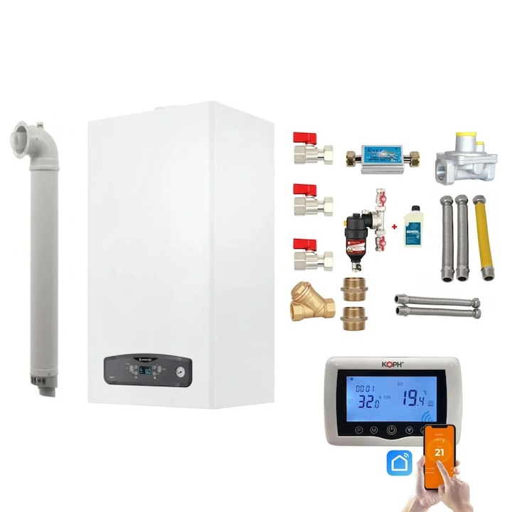 Pachet centrala termica pe gaz/GPL in condensare Ariston Cares S 24 kW, schimbator otel inox, incalzire si ACM, Kit evacuare inclus, Kit armaturi, Termostat inteligent KOPH CT99