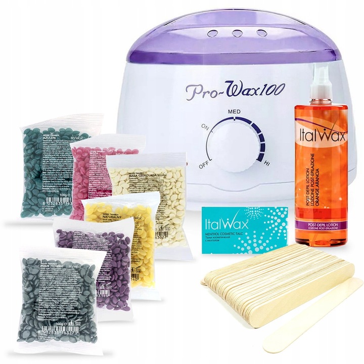 Set Depilare Profesional ItalWax: Incalzitor PRO-WAX, 6x Ceara dura, Gel/Lotiune, 50x Spatule, Talc, Unisex