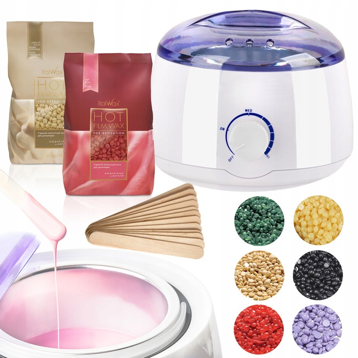 Set depilare cu ceară ItalWax, încălzitor 100W, 2x ceară tare 100g, diverse arome, 5 spatule din lemn