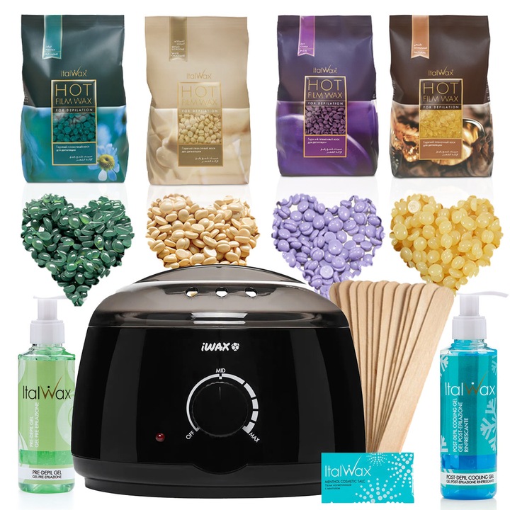 Set profesional pentru epilare, ItalWax, Ceară 100W, 4x Ceară solidă, gel pre-epilare și post-epilare, multicolor