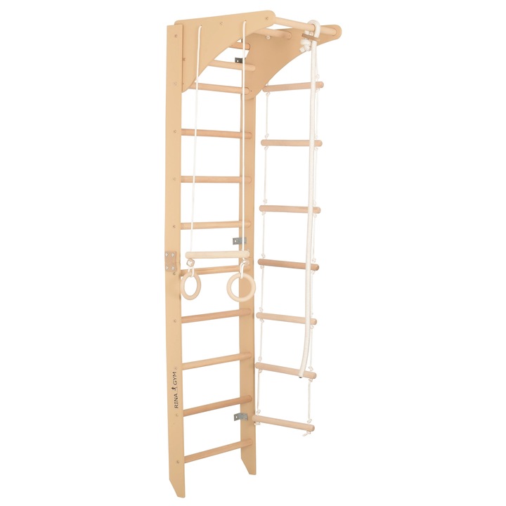 Drabinka gimnastica RINAGYM cu drazek reglabil si lina, 230x58x70cm, pentru intreaga familie