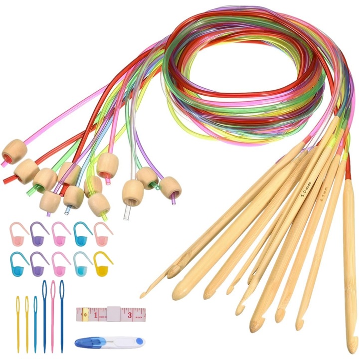 12 darab tunéziai horgolótű készlet, XONGSOR, műanyag kábel, bambusz, 120 cm, többszínű