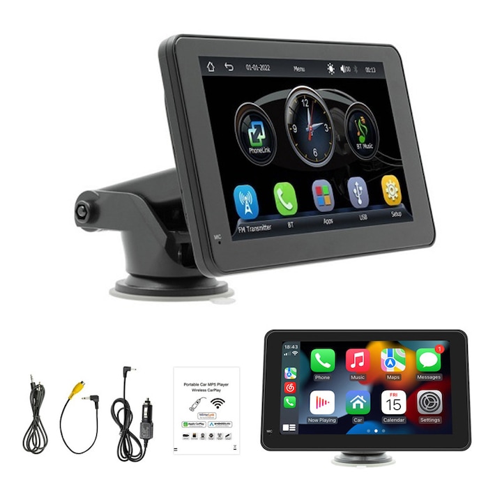 Navigatie Auto AjieQaQ® cu Display 7 inch, CarPlay Wireless, Navigatie Auto Multimedia, Android Auto Wireless, Bluetooth, MirrorLink, Tableta Masina Touchscreen, Compatibil Universal, Dispozitiv Multimedia Auto Portabil MP5, Negru