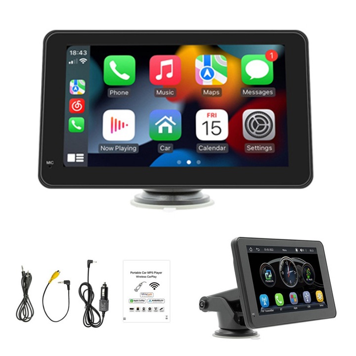 Navigatie Auto AjieQaQ® cu Display 7 inch, CarPlay Wireless, Navigatie Auto Multimedia, Android Auto Wireless, Bluetooth, MirrorLink, Tableta Masina Touchscreen, Compatibil Universal, Dispozitiv Multimedia Auto Portabil MP5, Negru