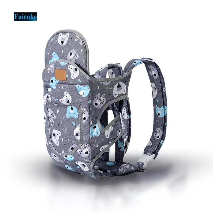 Marsupiu cu bretele reglabile, design ergonomic tip rucsac, capacitate maxima de 20 kg, poate fi purtat in fata sau in spate, Material din bumbac pur, Gri, model de urs