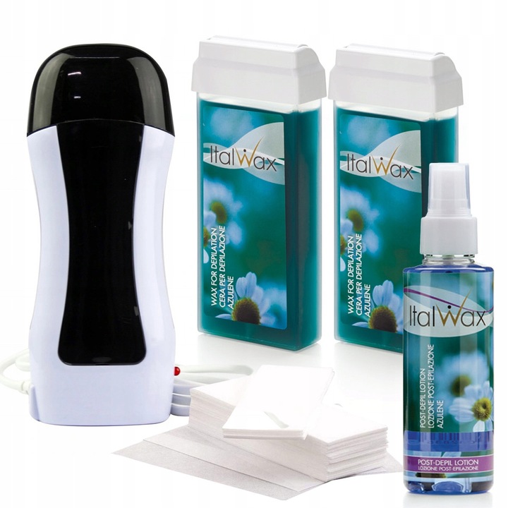 Set Depilare ItalWax: Incalzitor Ceara 40W, 2x Ceara Azulen 100ml, 50 Benzi Epilat, Piele Fina