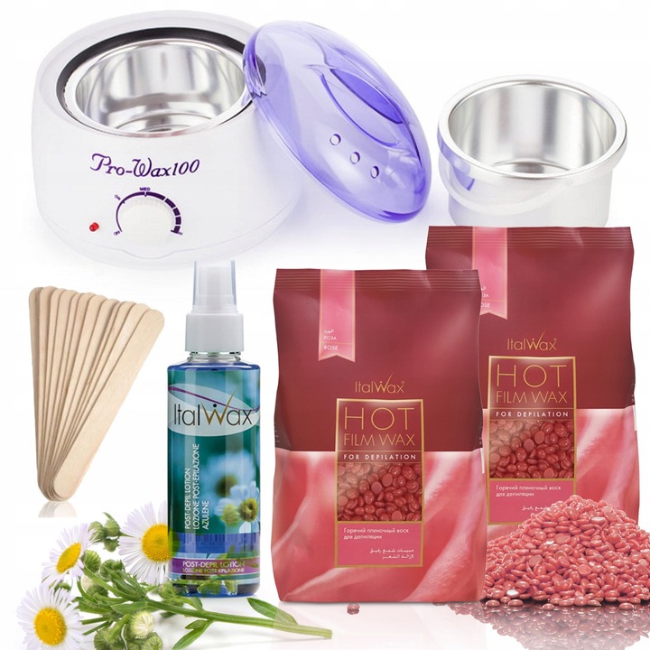 Set Depilare Ceara Tare ItalWax, Incalzitor Profesional 100W, 2x Ceara Trandafir 100g, Piele Sensibila