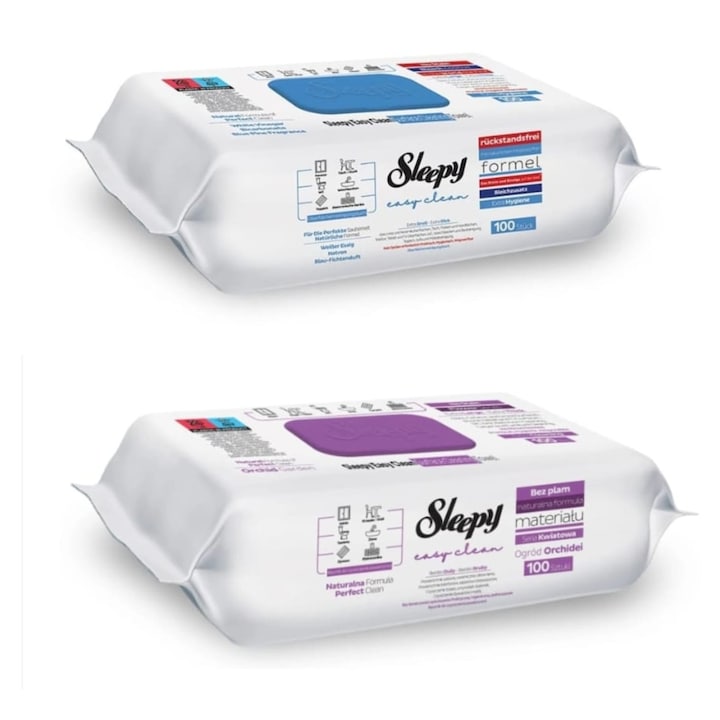 Pachet - Servetele umede Sleepy, 2 x 100 buc, extra mari, cu otet alb si bicarbonat, pentru suprafete dure