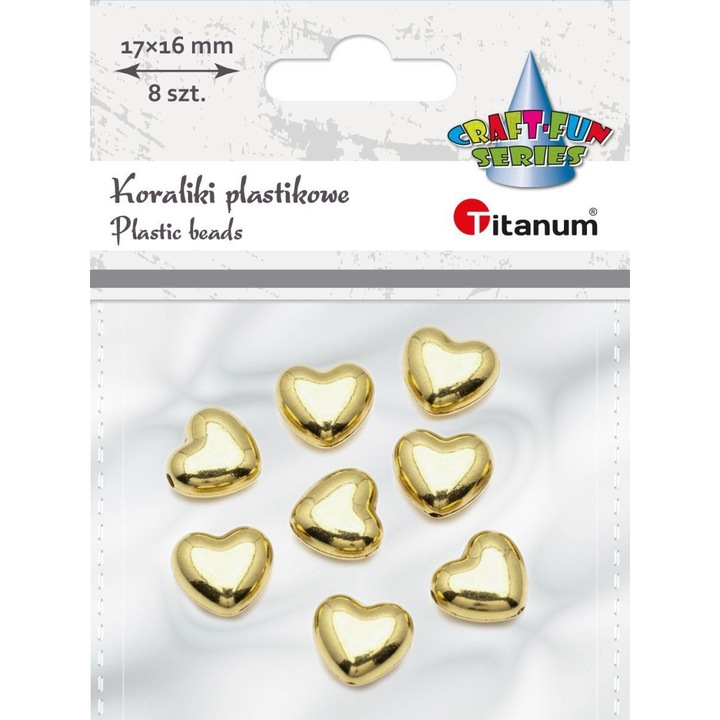 Műanyag gyöngy szett, Titanum, szív alakú, arany, 17x16mm, 8 darab