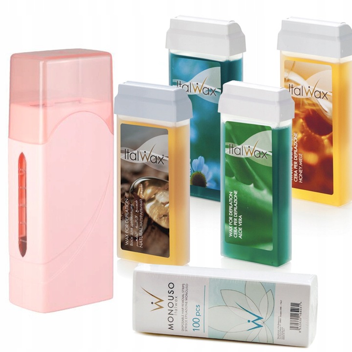 Set Depilare Profesional Italwax, Incalzitor 40W, 4 Ceara 100ml, 100 Benzile din Bumbac, Multicolor