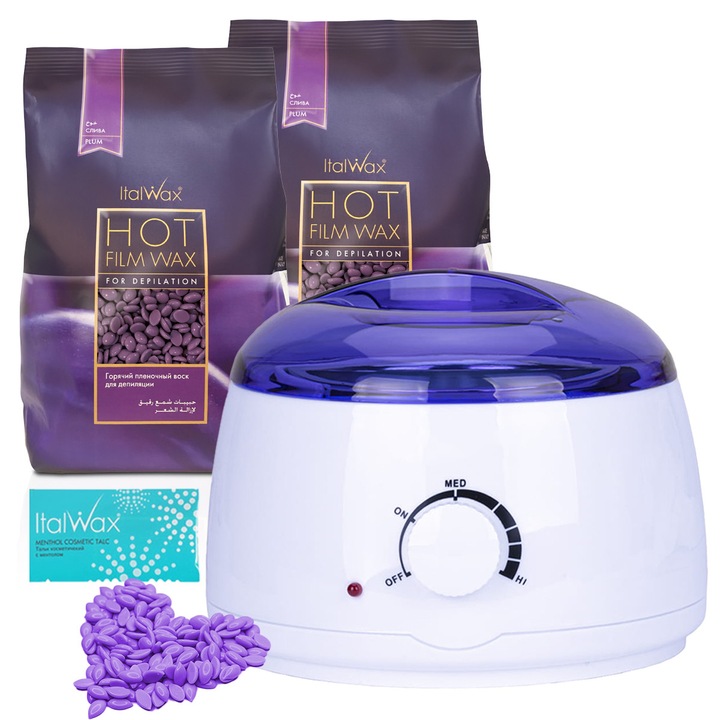 Set depilare ItalWax: Incalzitor Ceara si Ceara Dura Granule 200g, aroma prune, hipoalergenica