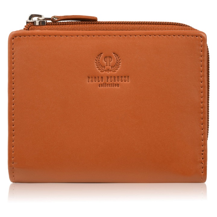 Portofel din piele pentru femei Portofel mic Orientare orizontala cu Rfid Paolo Peruzzi, Portocaliu pastel, 10x12x2.5