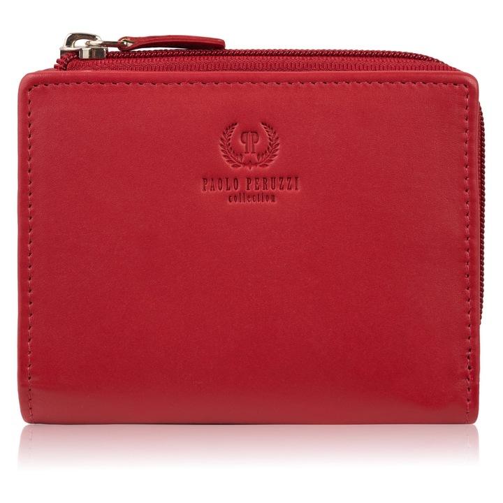 Portofel din piele pentru femei Portofel mic Orientare orizontala cu Rfid Paolo Peruzzi, Rosu, 10x12x2.5