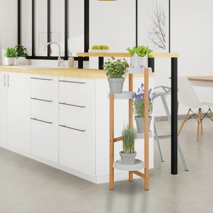 Стойка за стайни растения, Northix, бамбук и бели рафтове, здрав дизайн, 3 нива