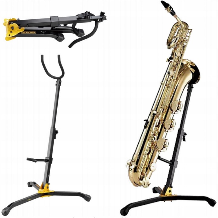 Suport saxofon bariton Hercules, pliabil, inaltime reglabila 63, 5-87, 5cm, finisaj negru mat, dimensiuni 19x18x48, 5cm