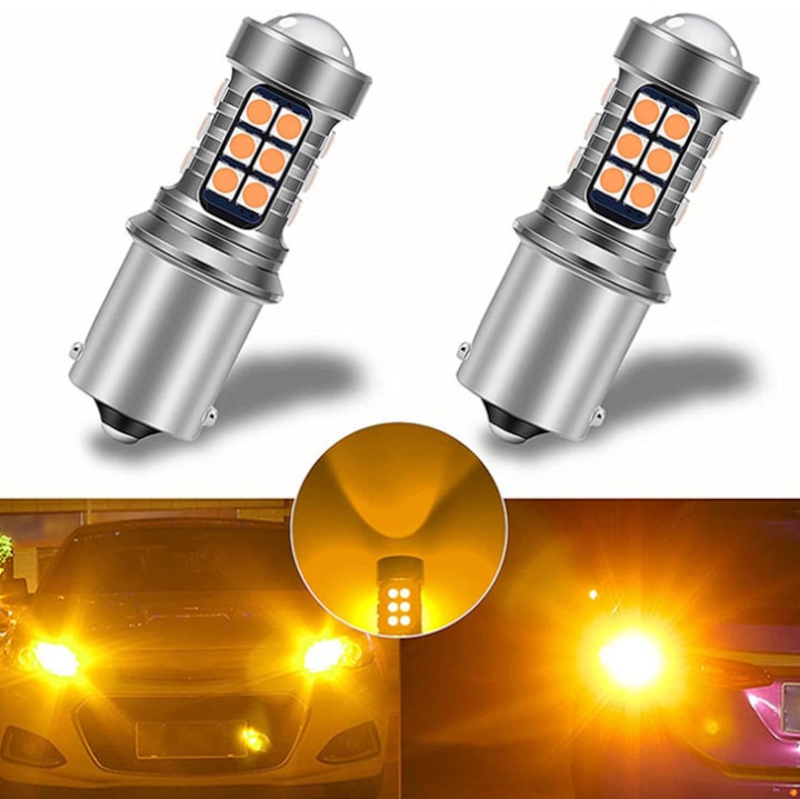 Set 2 becuri auto LED cu lupa 1157/BAY15D P21/5W, BZRSH®, cu 21 de LED-uri, 2 faze, lumina rosie, pozitie si stop pe frana