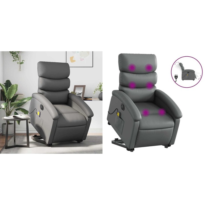 Fotoliu masaj rabatabil electric cu ridicare, gri, piele eco