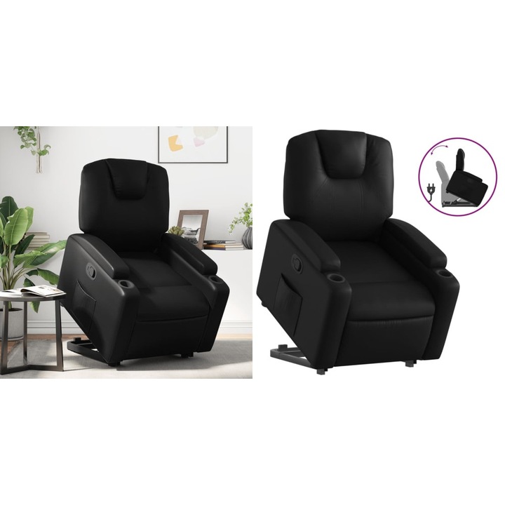 Fotoliu rabatabil cu ridicare, negru, piele ecologica