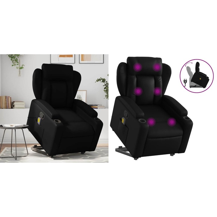 Fotoliu de masaj rabatabil cu ridicare negru piele ecologica