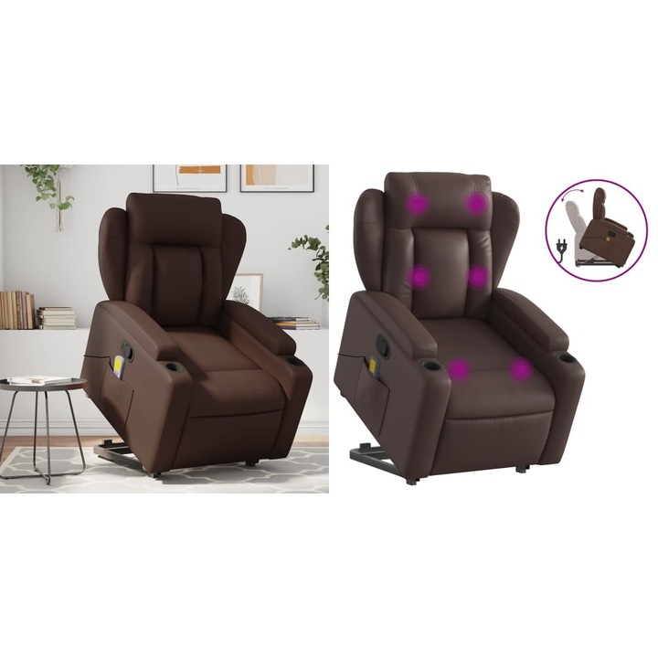 Fotoliu de masaj rabatabil cu ridicare, maro, piele ecologica