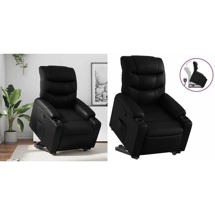 Fotoliu rabatabil cu ridicare, negru, piele ecologica