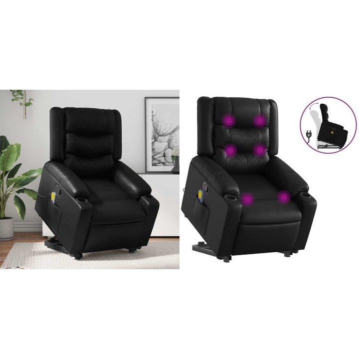 Fotoliu de masaj rabatabil cu ridicare negru piele ecologica