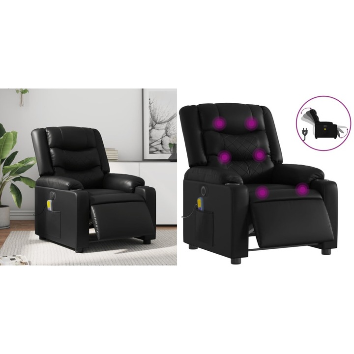 Fotoliu electric de masaj rabatabil, negru, piele ecologica