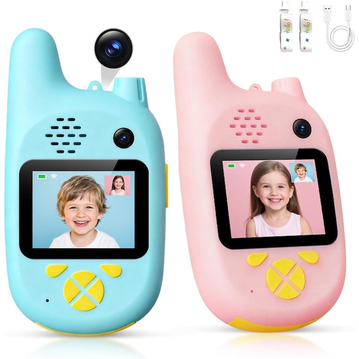 Set Walkie-Talkie WiFi VideoPlay Kiddix™ 01 MagicView, Doua Camere HD, Apeluri Video si Fotografii, Selfie, Mesagerie Foto Instant, 3 Moduri Video, 5 Filtre, 4 Efecte Voce, Emoji Interactiv, Jocuri, Raza 300m, Conexiune Stabila, Blue/Pink