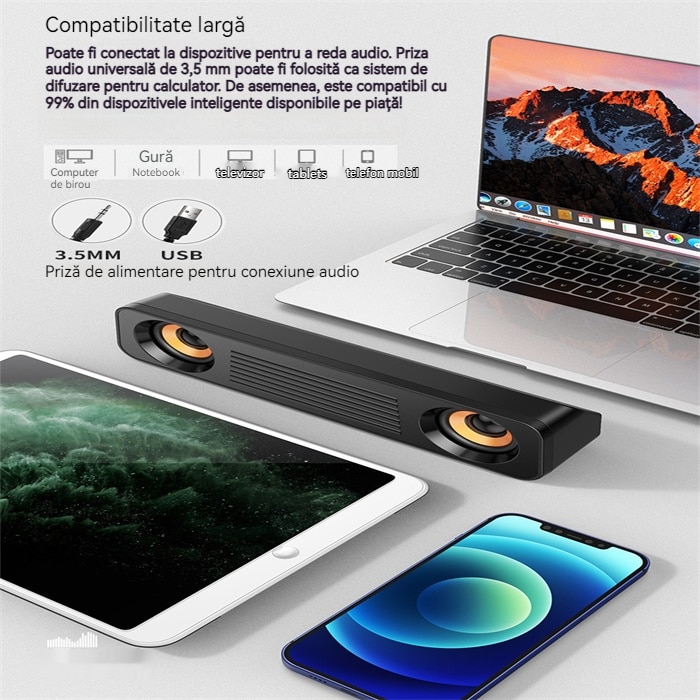 Boxe PC, Soundbar gaming, 3W×2, Jack 3.5mm, interfata USB, sunet stereo ...