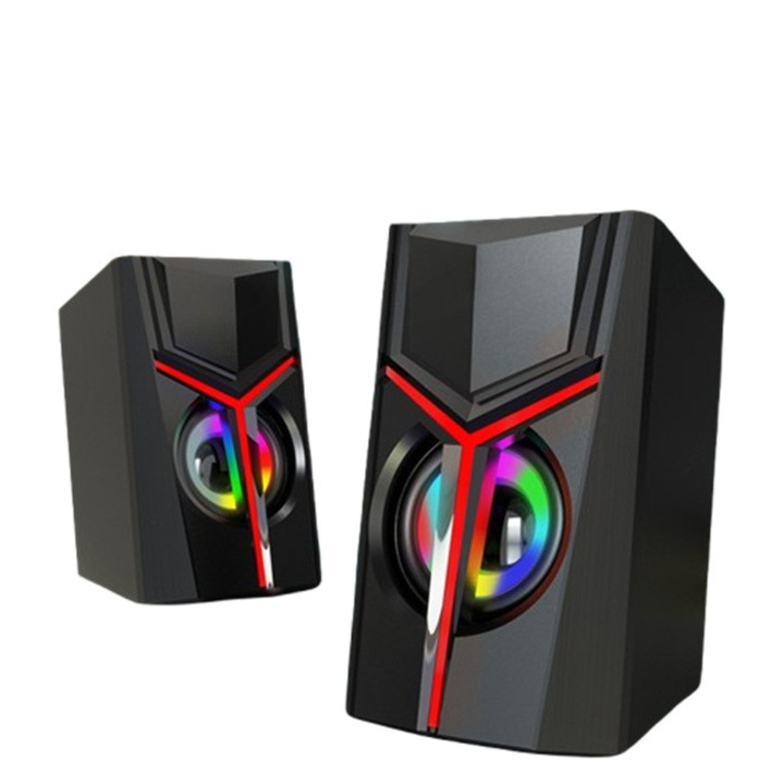 Геймърски тонколони 2.0, тонколони за компютър, 3.5мм жак, 6W, USB захранване, стерео, RGB осветление, подходящи за компютри, телевизори, таблети, игрови конзоли и други устройства, черни