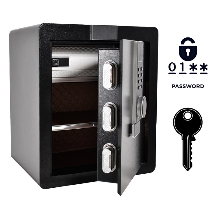 Seif de birou NIKCROP XPTou-45, 45x38x32 cm, cu sistem de deschidere electronic si cheie, interior din piele PU, negru