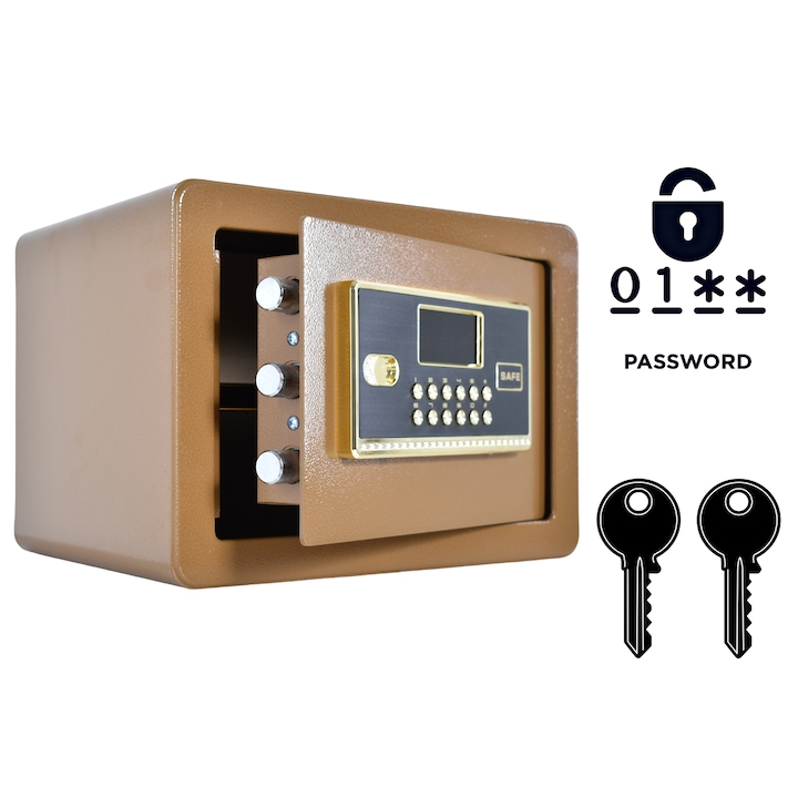 Seif Pentru Acasa, NIKCORP, Seif Pentru Mobila cu Incuietoare cu Cifru si Cheie, Ascunzatoare Pentru Bani din Otel cu Interior Captusit din Piele PU si Raft Detasabil, 25x35x25, Maro