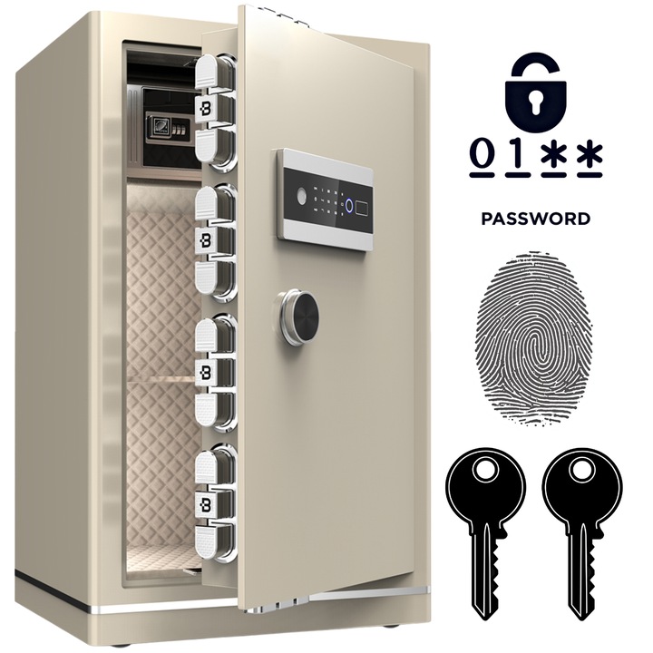Seif de valori 3C-80, 80x48x43 cm, cu sistem de deschidere electronic si cheie, interior din piele PU, culoare bej