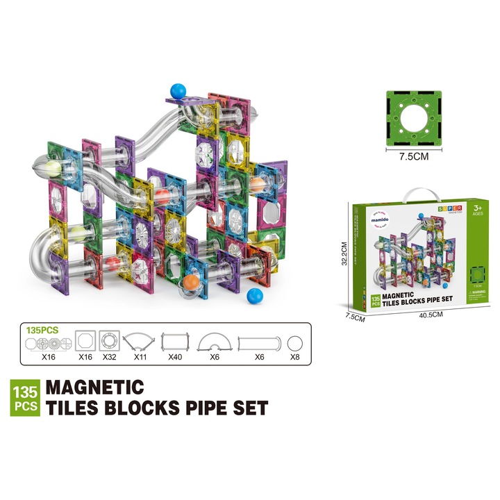 Mamido Цветен магнитен конструктор за релси с топки, 135 части MT1467