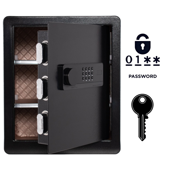 Seif de birou NIKCROP XA6-45, 45x38x32 cm, cu sistem de alarma, usi groase, interior din piele PU, negru