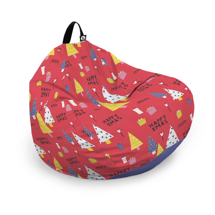 Husa Updeco Puf Beanbag tip Para L, impermeabil, cu maner, 80 x 80 x 55 cm, Happy-Xmass Red