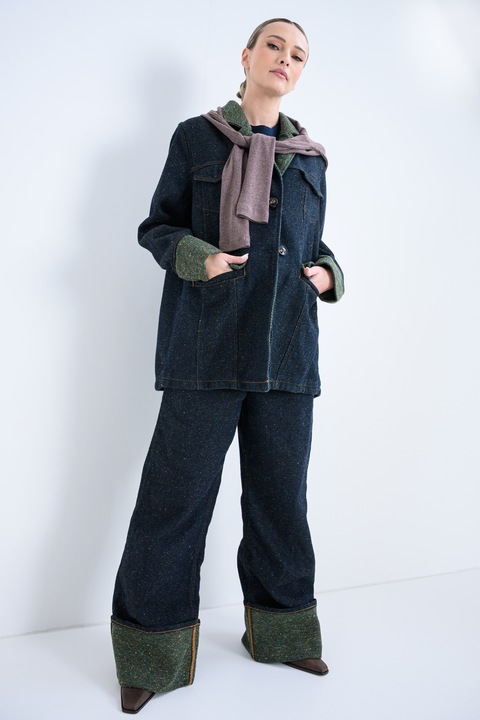 GANNI, Jacheta din denim cu nopeuri multicolore, Verde pal/Bleumarin